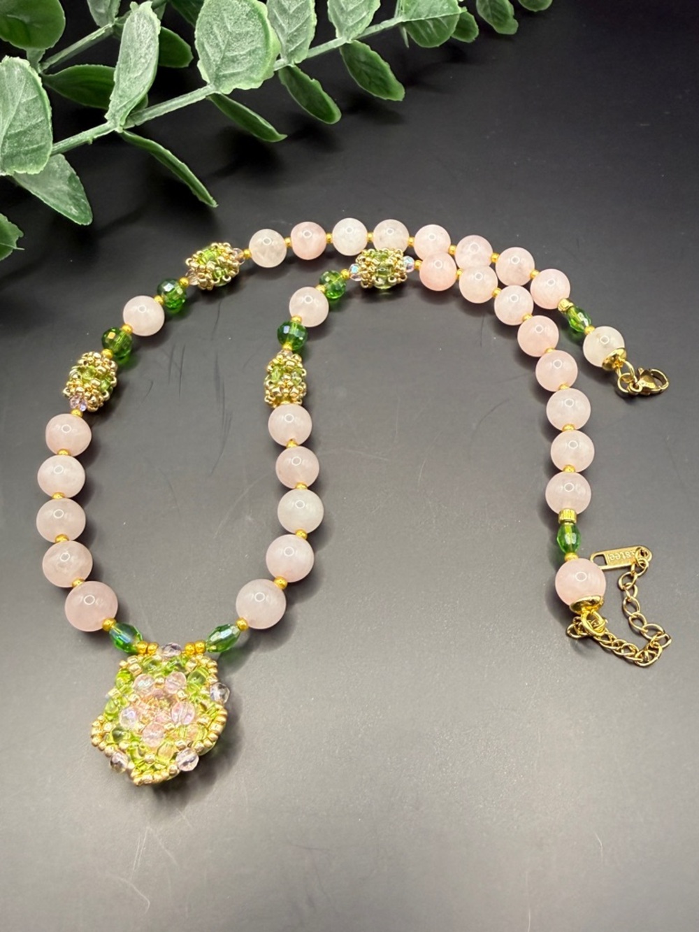 Handcrafted Rose Quartz and Green Crystal Pendant Necklace